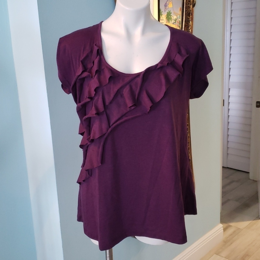 Purple Short Sleeve Cotton Top With Ruffle Front